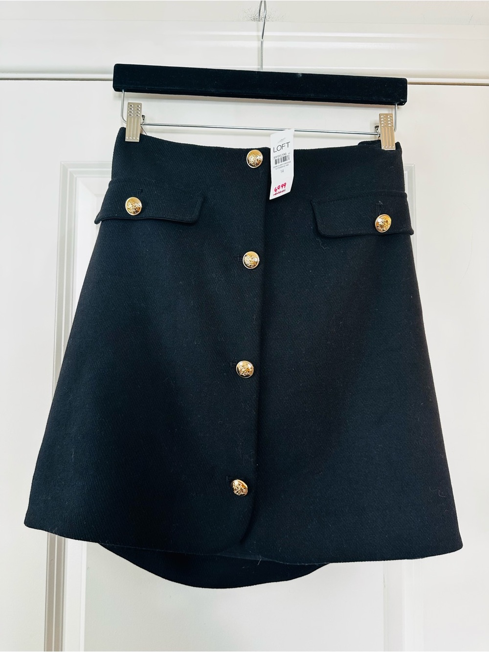 LOFT Black A-Line Skirt with Gold Button Accents